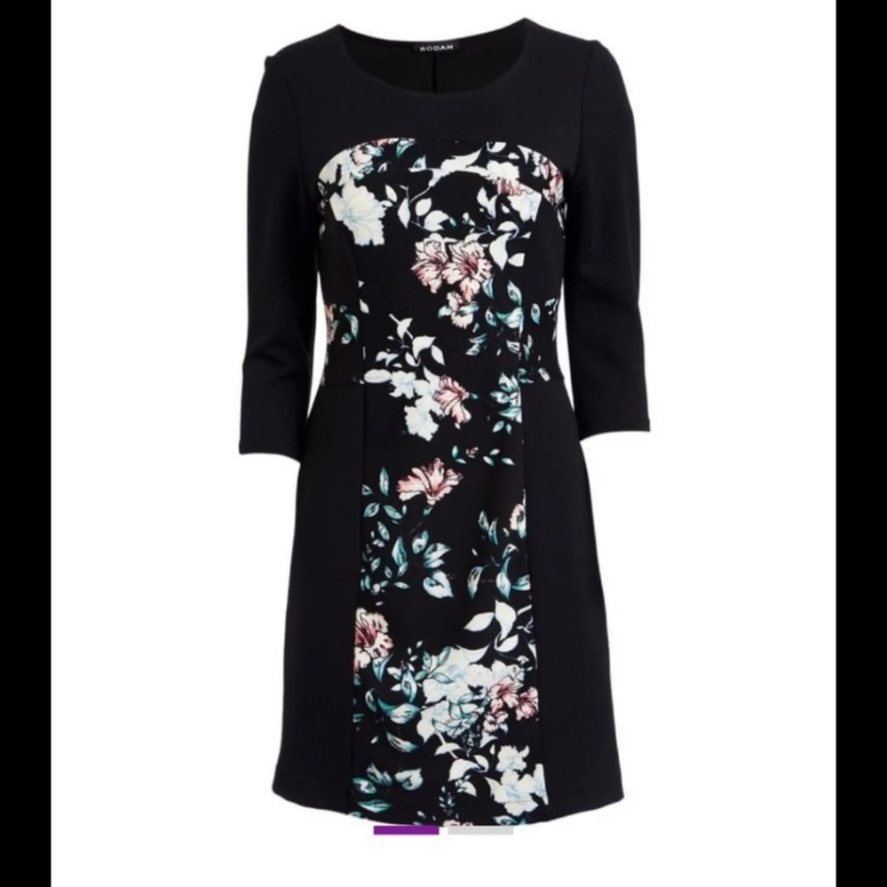 NWOT Womens Rodan Black 3/4 Sleeve Floral Planel Sheath Midi Dress- S- Office